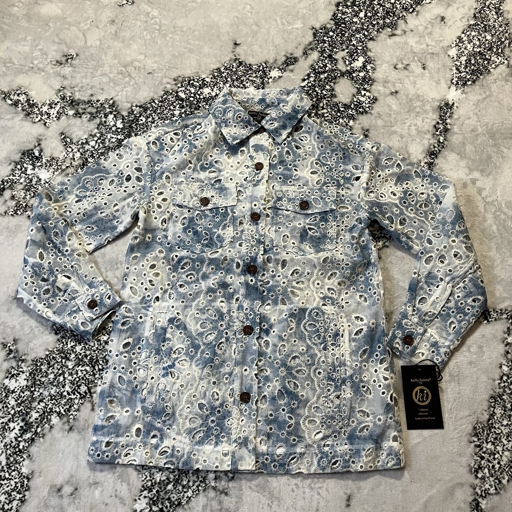 Kathy Ireland Shirt Womens Size XS Blue White Eylelet Tie Dye Shacket
